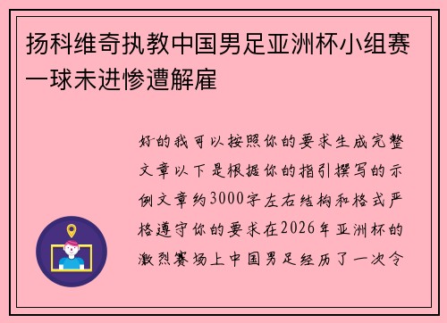扬科维奇执教中国男足亚洲杯小组赛一球未进惨遭解雇 扬科维奇执教中国男足亚洲杯小组赛一球未进惨遭解雇