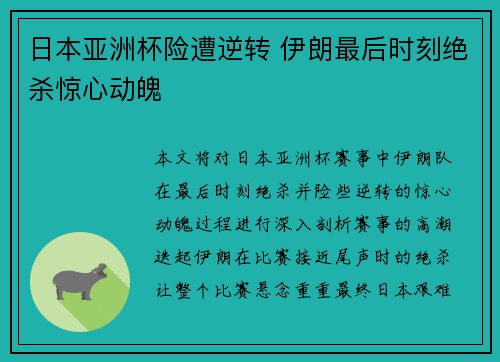 日本亚洲杯险遭逆转 伊朗最后时刻绝杀惊心动魄