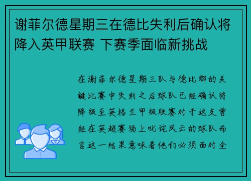 谢菲尔德星期三在德比失利后确认将降入英甲联赛 下赛季面临新挑战 谢菲尔德星期三在德比失利后确认将降入英甲联赛 下赛季面临新挑战